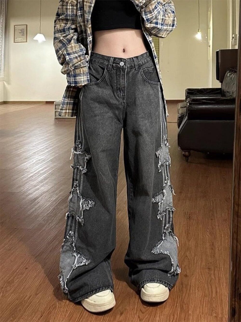 Women's Black Denim Star Print Y2k Wide Leg High Rise Waisted Baggy Jeans